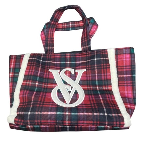 Victorias Secret Red Plaid Tote Bag With Sherpa Detailing & Logo Patch READ - Picture 1 of 8